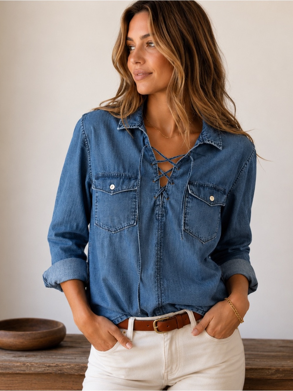 Madewell Lace-Up Chambray Denim Shirt Top 100% Cotton Long Sleeve Blue